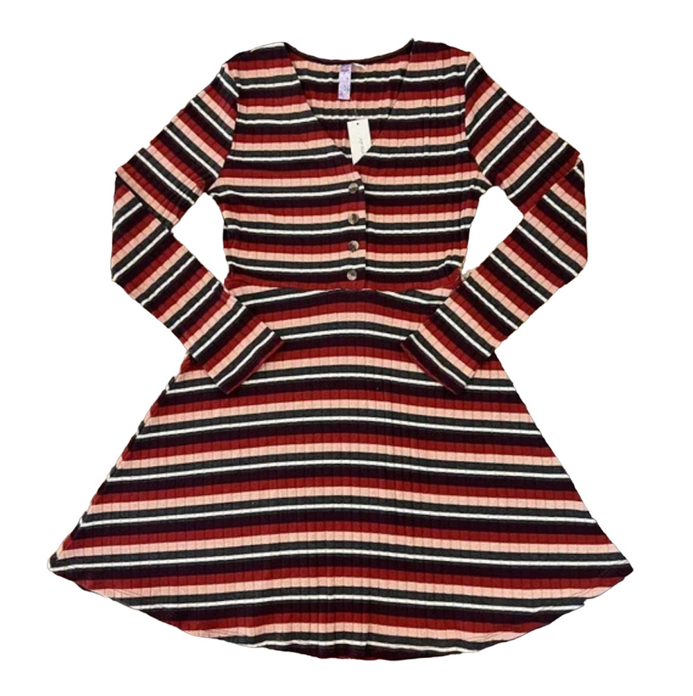 NWT Francesca's Alya Burgundy/Cream/Rust/Green Striped Dress